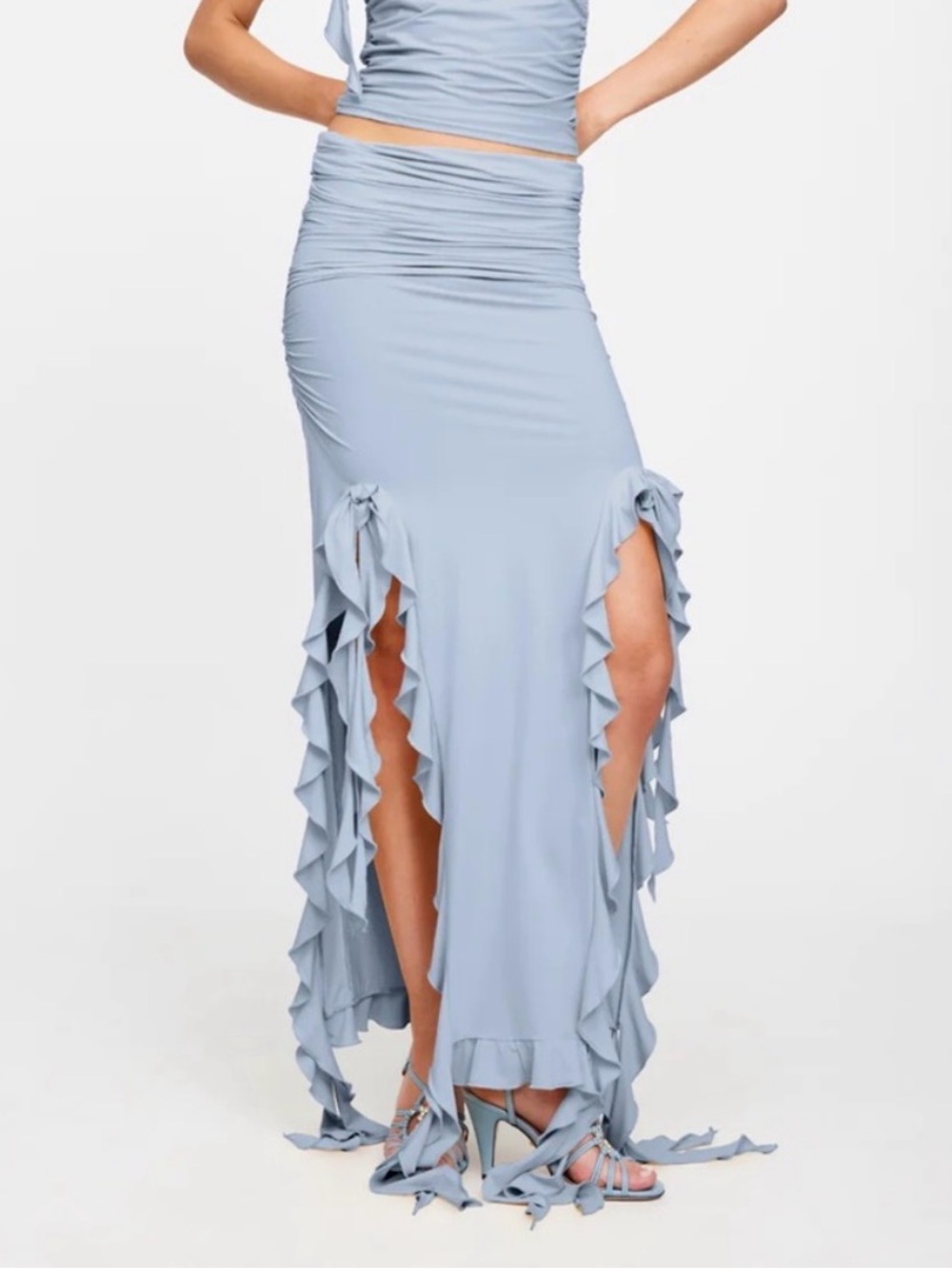 Lioness Light Blue Ruffled High-Slit Maxi Skirt